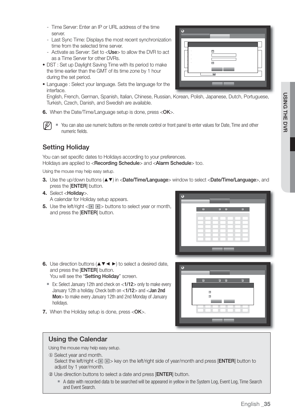 Setting holiday, Using the calendar, English | Using the mouse may help easy setup | Samsung SHR-7160 User Manual | Page 35 / 120