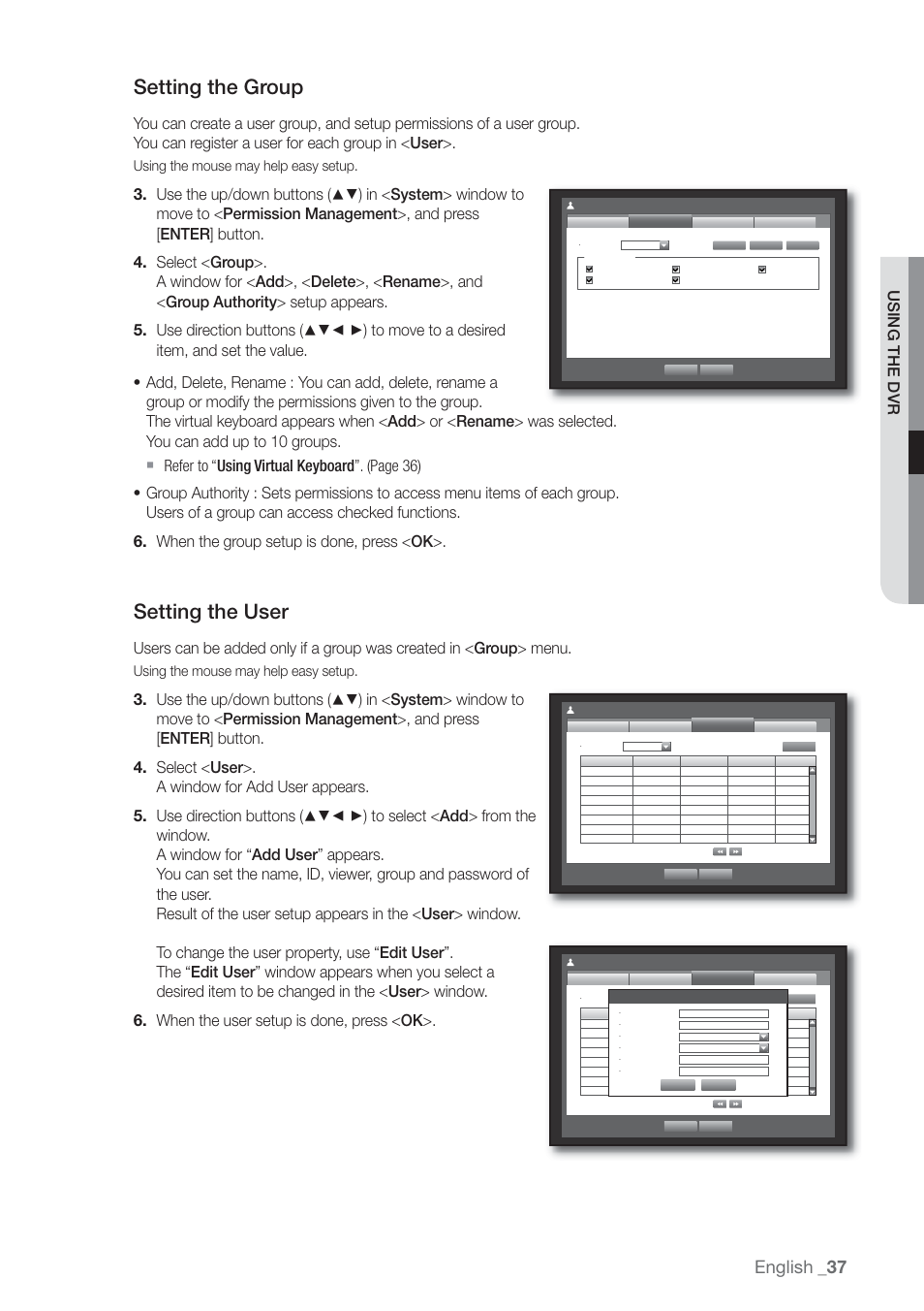 Setting the group, Setting the user, English | Using the dvr, Using the mouse may help easy setup | Samsung SHR-7160 User Manual | Page 37 / 120