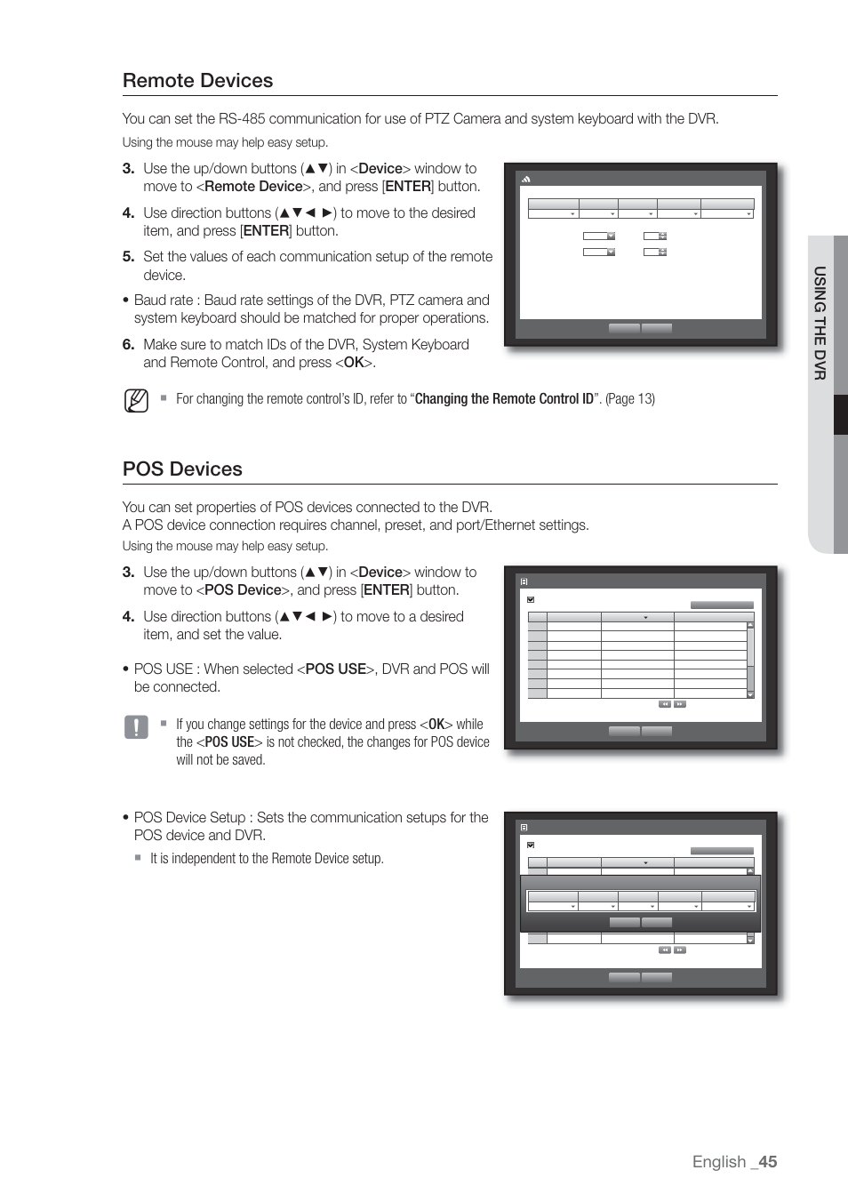 Remote devices, Pos devices, English | Using the dvr, Using the mouse may help easy setup | Samsung SHR-7160 User Manual | Page 45 / 120