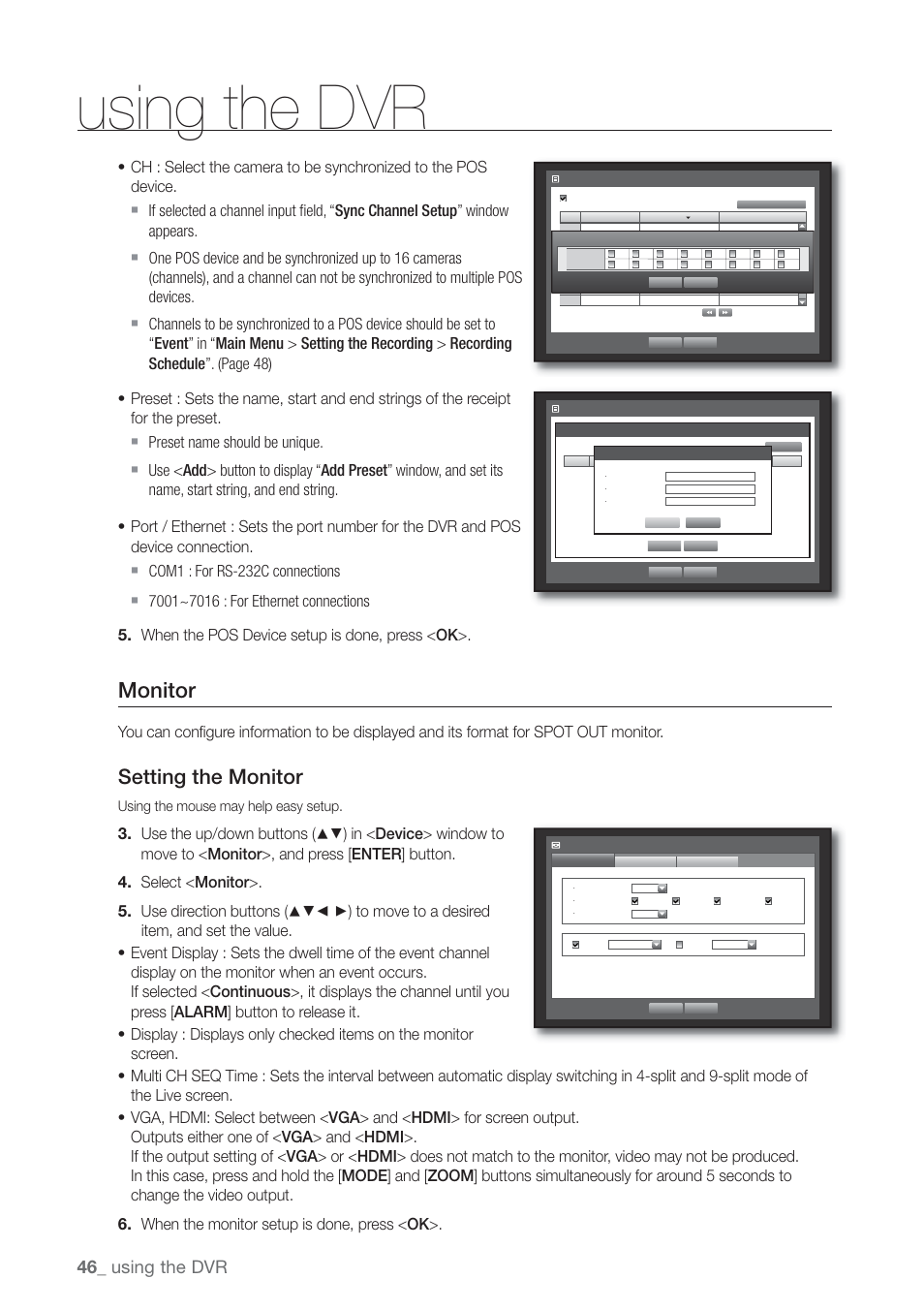 Monitor, Setting the monitor, Using the dvr | Using the mouse may help easy setup | Samsung SHR-7160 User Manual | Page 46 / 120