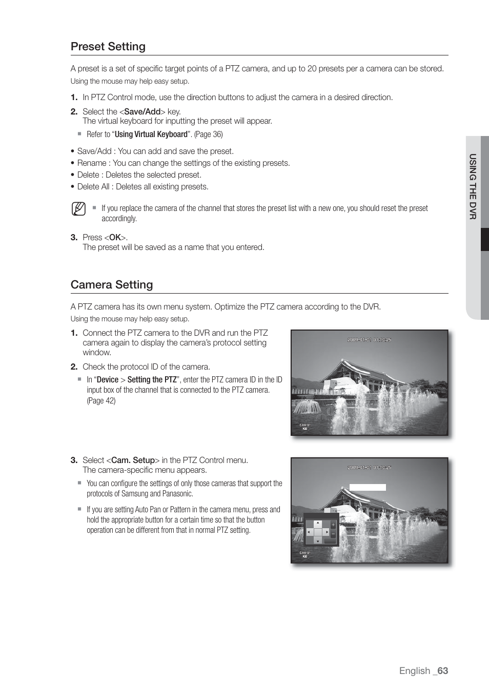 Preset setting, Camera setting | Samsung SHR-7160 User Manual | Page 63 / 120
