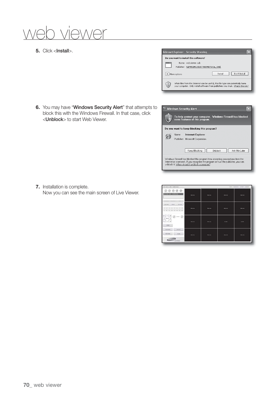 Using live viewer, Web viewer | Samsung SHR-7160 User Manual | Page 70 / 120