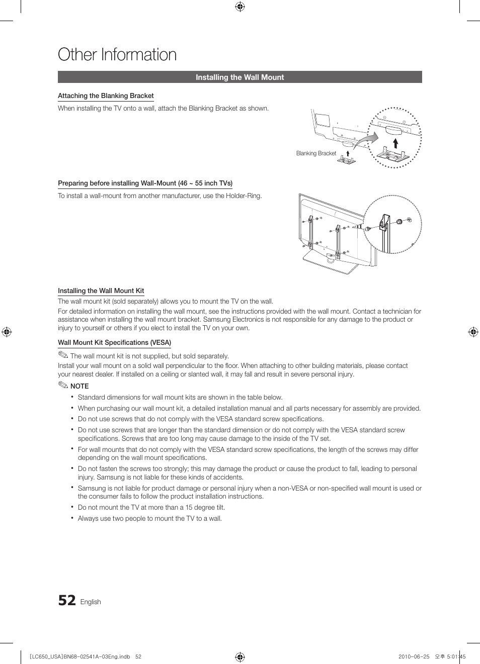 Other information, Installing the wall mount | Samsung BN68-02541A-04 User Manual | Page 52 / 62