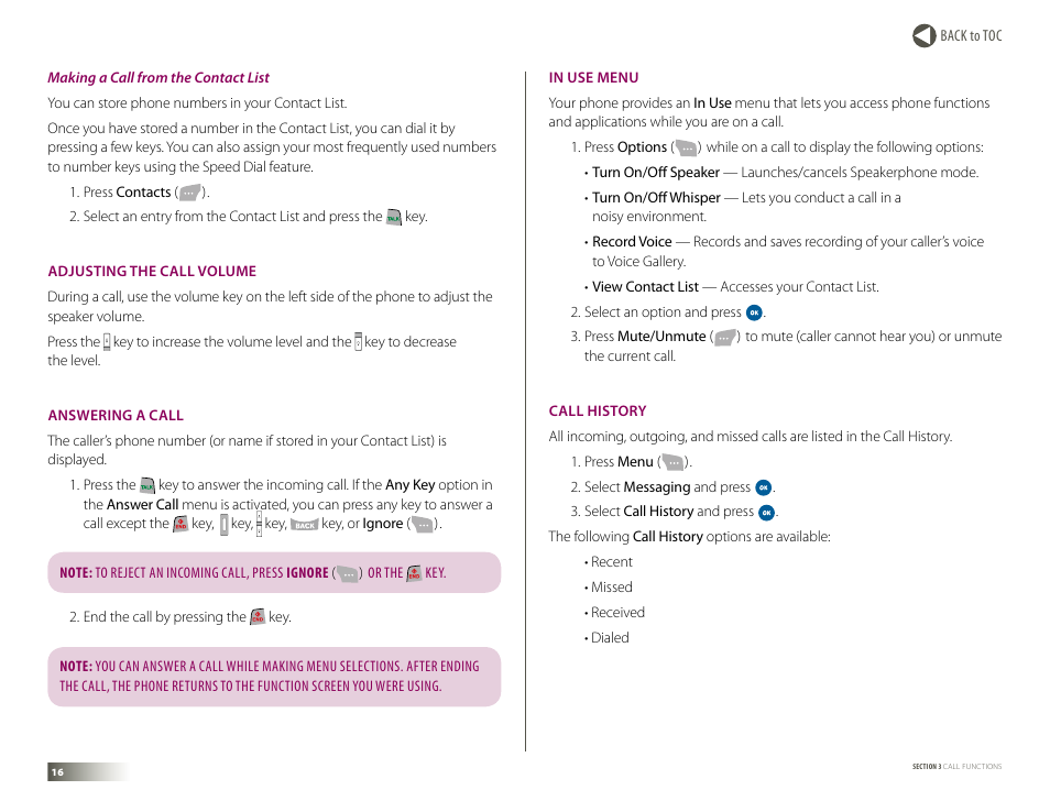 Adjusting the volume, Answering a call, In use menu | Call history | Samsung DM-S105 User Manual | Page 16 / 99
