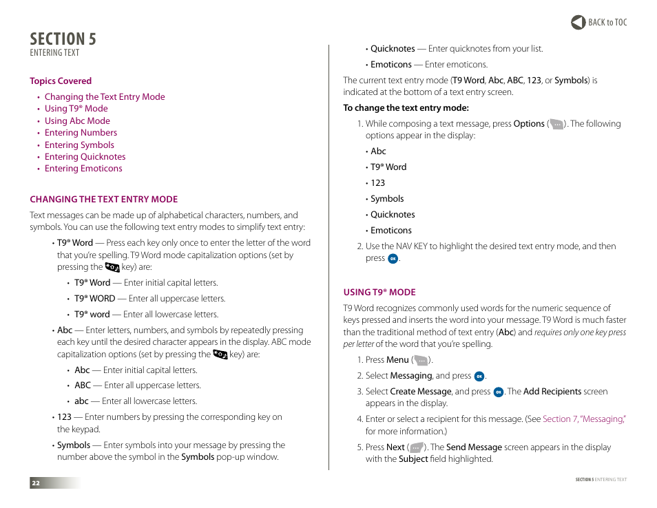 Section 5: entering text, Changing the text entry mode, Using t9 mode | Entering text, Changing the text entry mode using t9® mode, Section 5 | Samsung DM-S105 User Manual | Page 22 / 99