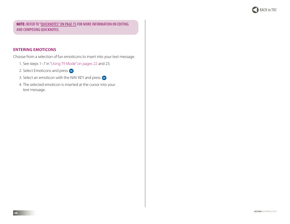 Entering emoticons | Samsung DM-S105 User Manual | Page 24 / 99