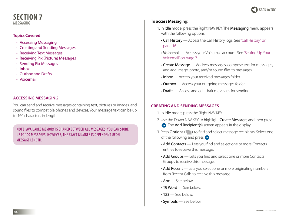 Section 7: messaging, Accessing messaging, Creating and sending messages | Messaging, Accessing messaging creating and sending messages, Section 7, “messaging | Samsung DM-S105 User Manual | Page 34 / 99