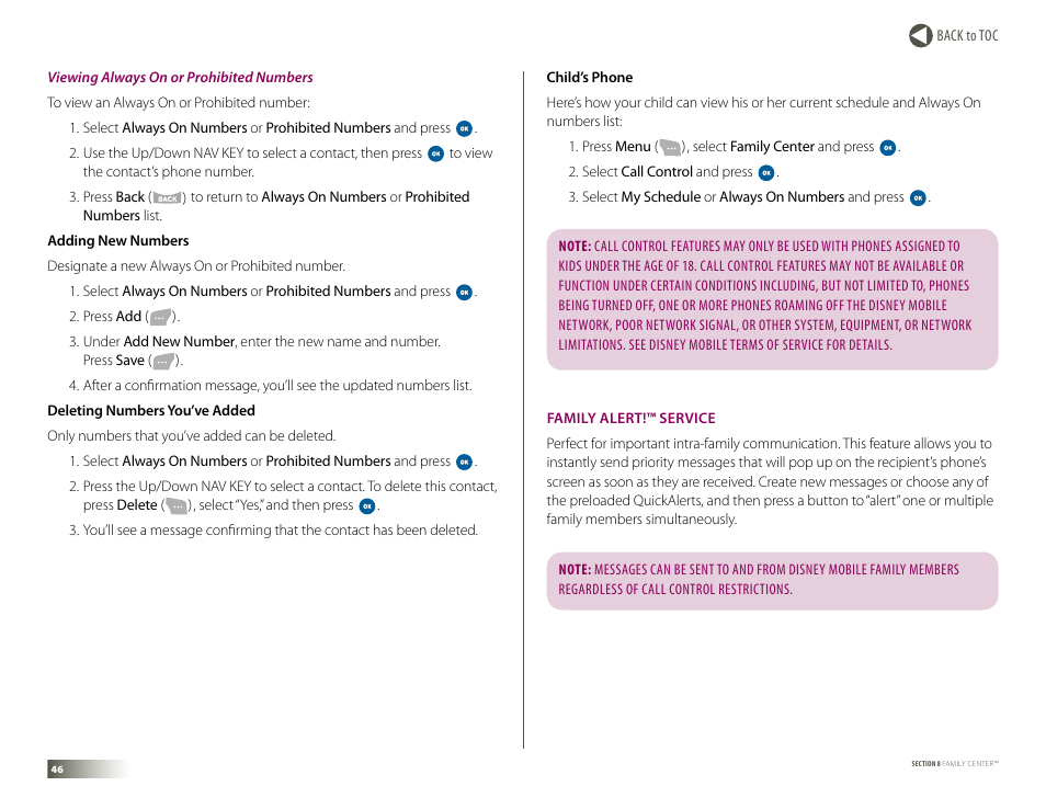 Family alert service, Family alert!™ service | Samsung DM-S105 User Manual | Page 46 / 99