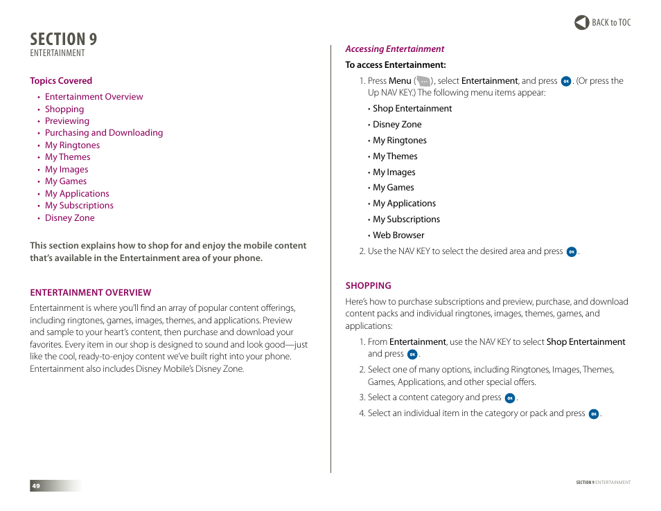 Section 9: entertainment, Entertainment overview, Shopping | Entertainment, Entertainment overview shopping | Samsung DM-S105 User Manual | Page 49 / 99