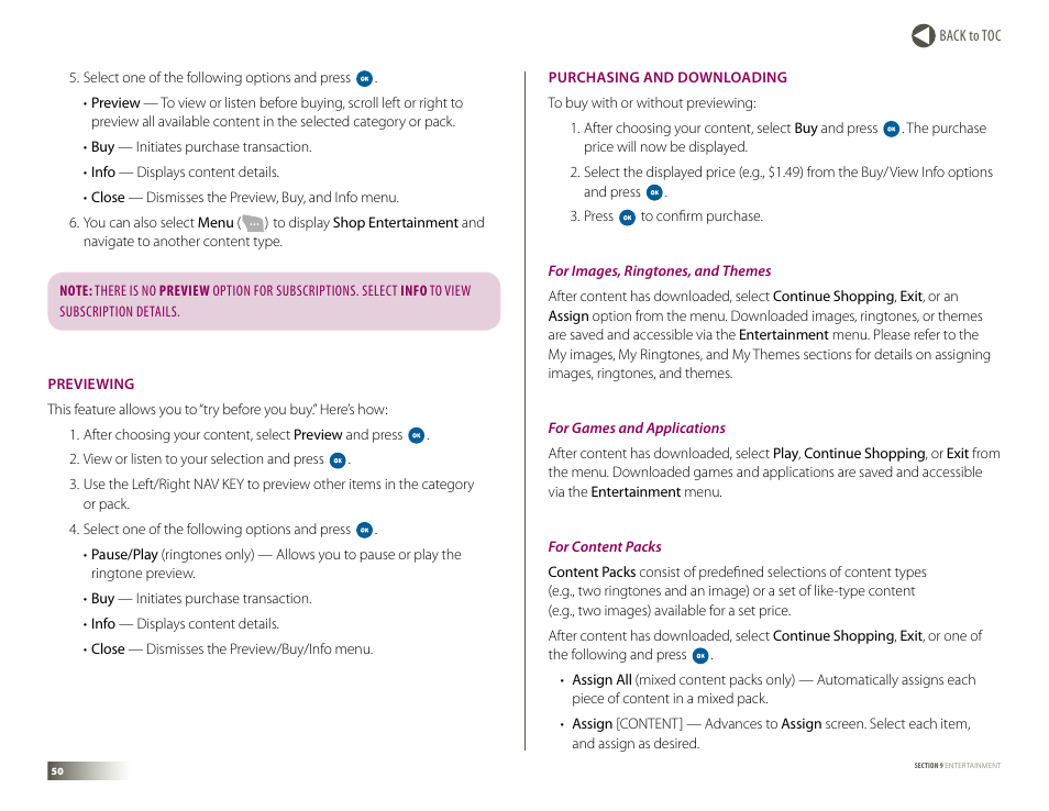 Previewing, Purchasing and downloading, Previewing purchasing and downloading | Previewing • purchasing and downloading | Samsung DM-S105 User Manual | Page 50 / 99