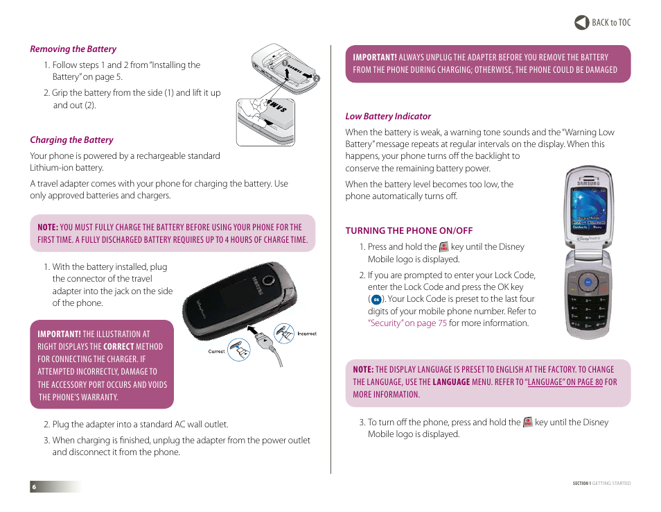 Turning the phone on/off, The phone on/off | Samsung DM-S105 User Manual | Page 6 / 99