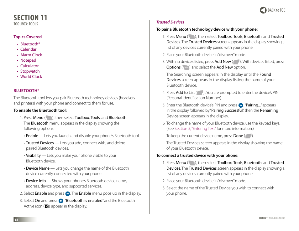 Section 11: toolbox: tools, Bluetooth, Section 11. toolbox: tools | Samsung DM-S105 User Manual | Page 65 / 99
