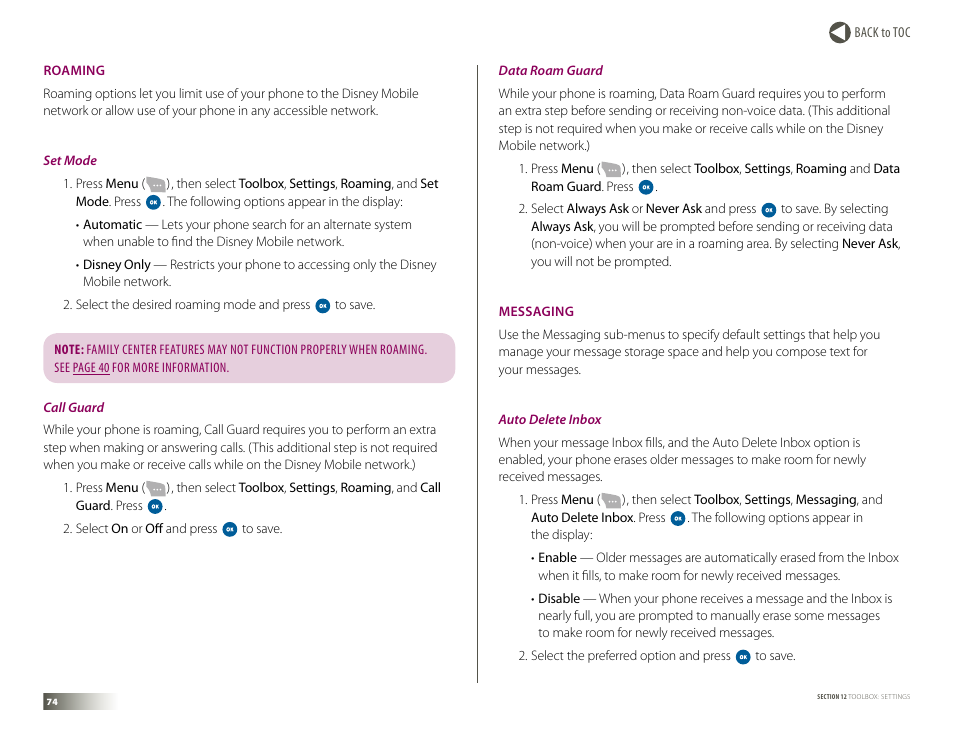 Roaming, Messaging, Roaming messaging | Roaming • messaging | Samsung DM-S105 User Manual | Page 74 / 99