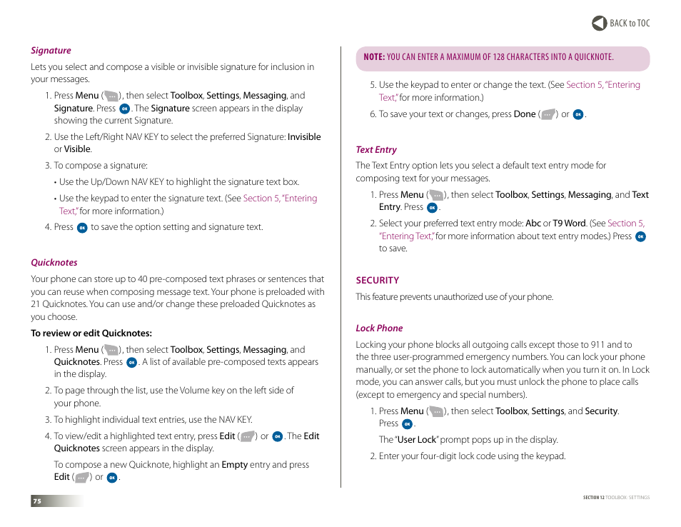 Security, Lock phone” on | Samsung DM-S105 User Manual | Page 75 / 99