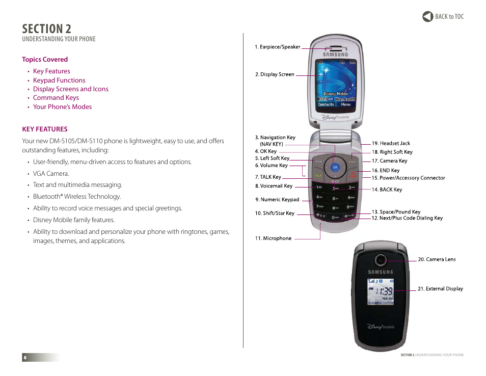 Section 2: understanding your phone, Key features, Understanding your phone | Samsung DM-S105 User Manual | Page 8 / 99