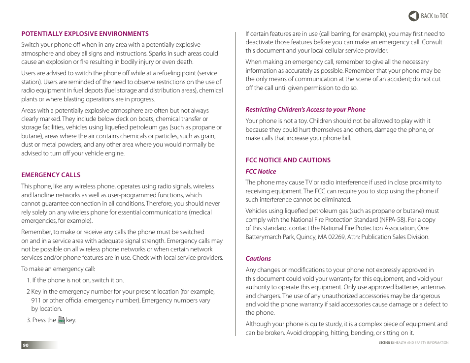 Potentially explosive environments, Emergency calls, Fcc notice and cautions | Samsung DM-S105 User Manual | Page 90 / 99