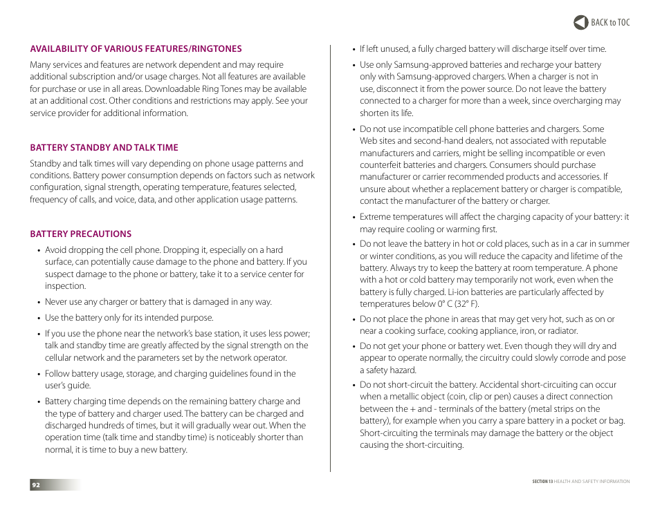 Availability of various features/ringtones, Battery standby and talk time, Battery precautions | Samsung DM-S105 User Manual | Page 92 / 99