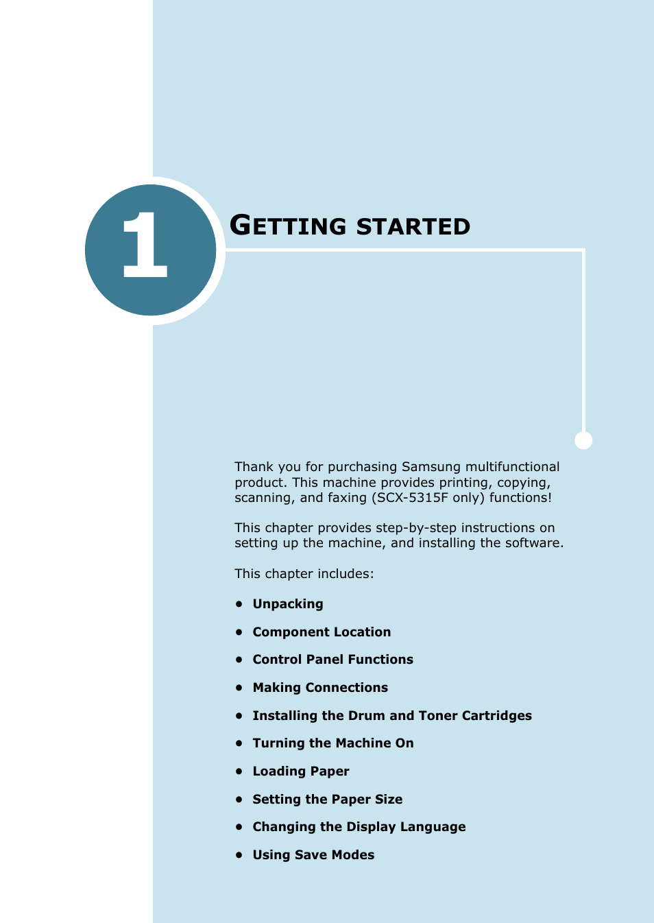 Getting started, Chapter 1, Etting | Started | Samsung SCX-5115 User Manual | Page 16 / 144