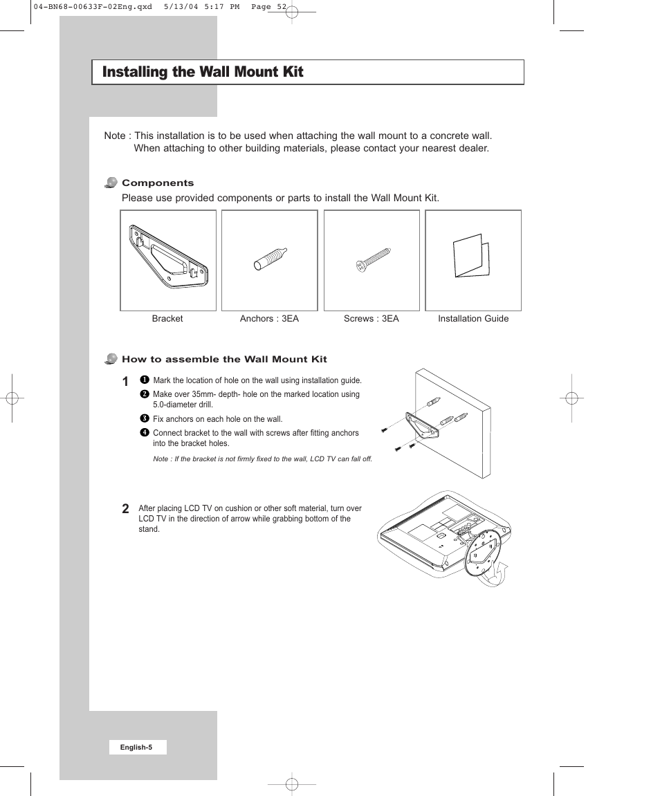 Installing the wall mount kit | Samsung W17M24C User Manual | Page 5 / 8