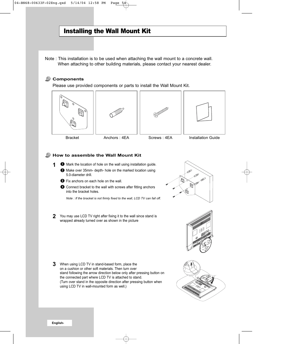 Installing the wall mount kit | Samsung W17M24C User Manual | Page 7 / 8