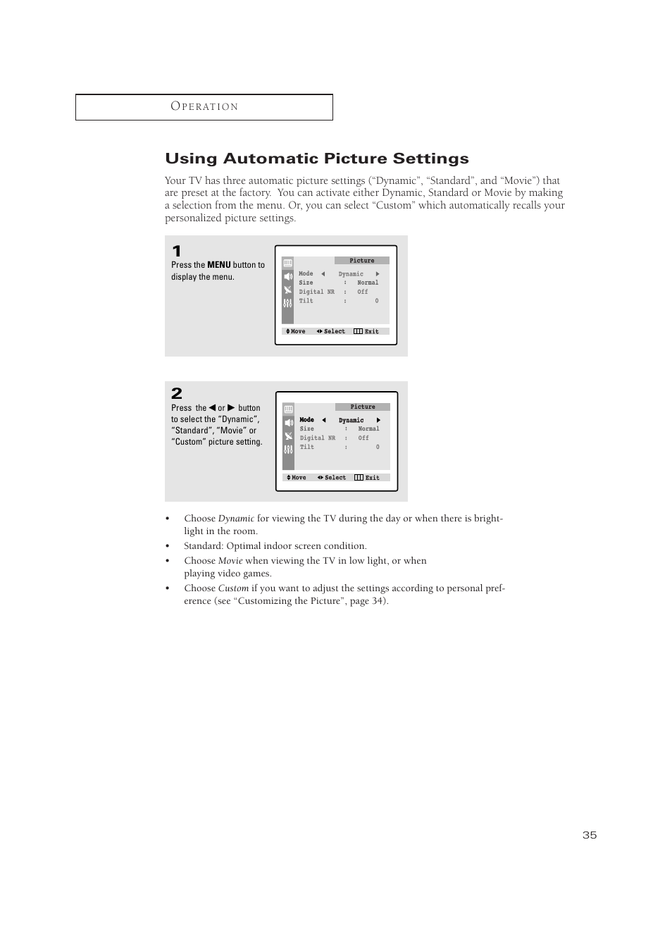 Using automatic picture settings | Samsung TXN 2434F User Manual | Page 35 / 59