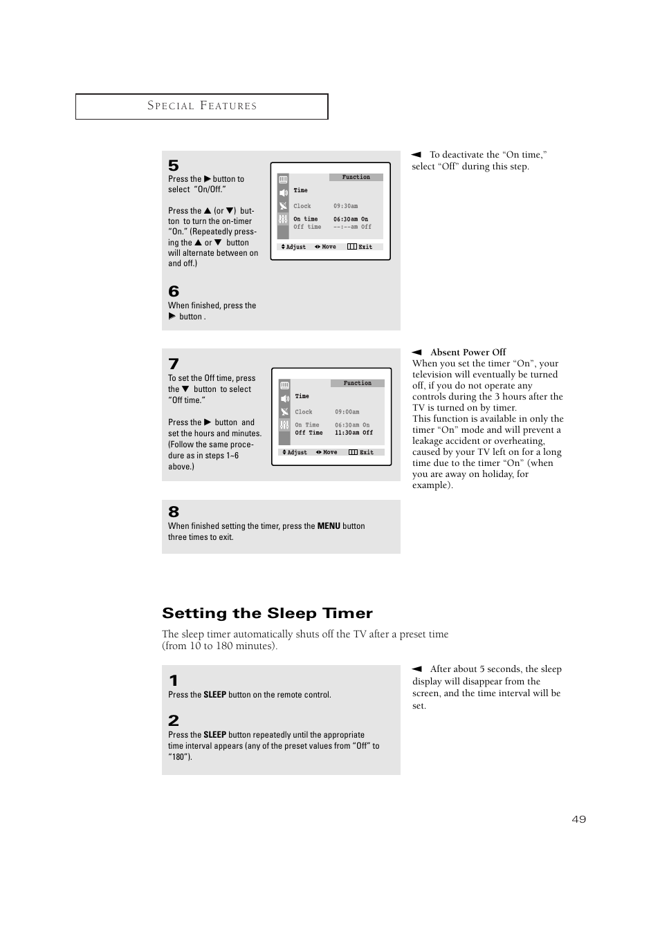 Setting the sleep timer | Samsung TXN 2434F User Manual | Page 49 / 59