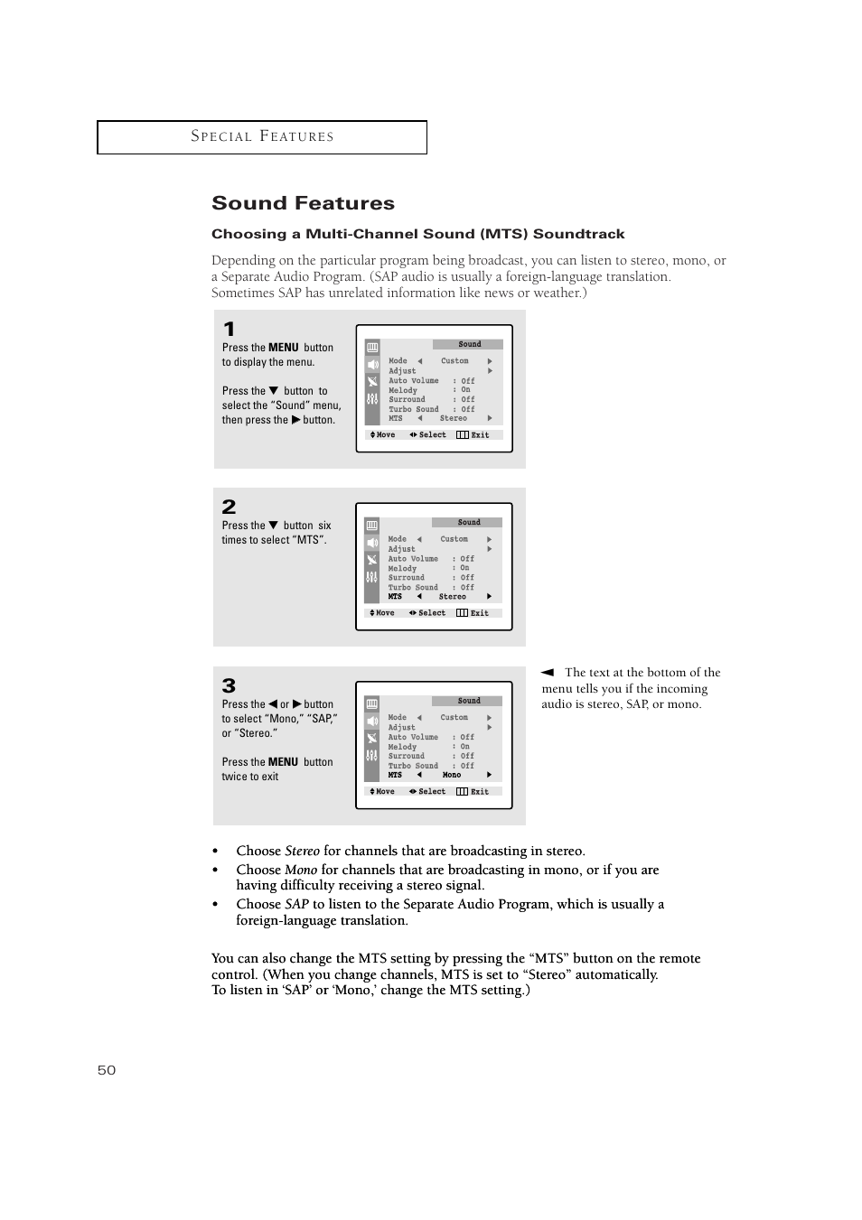 Sound features, Choosing a multi-channel sound (mts) soundtrack | Samsung TXN 2434F User Manual | Page 50 / 59