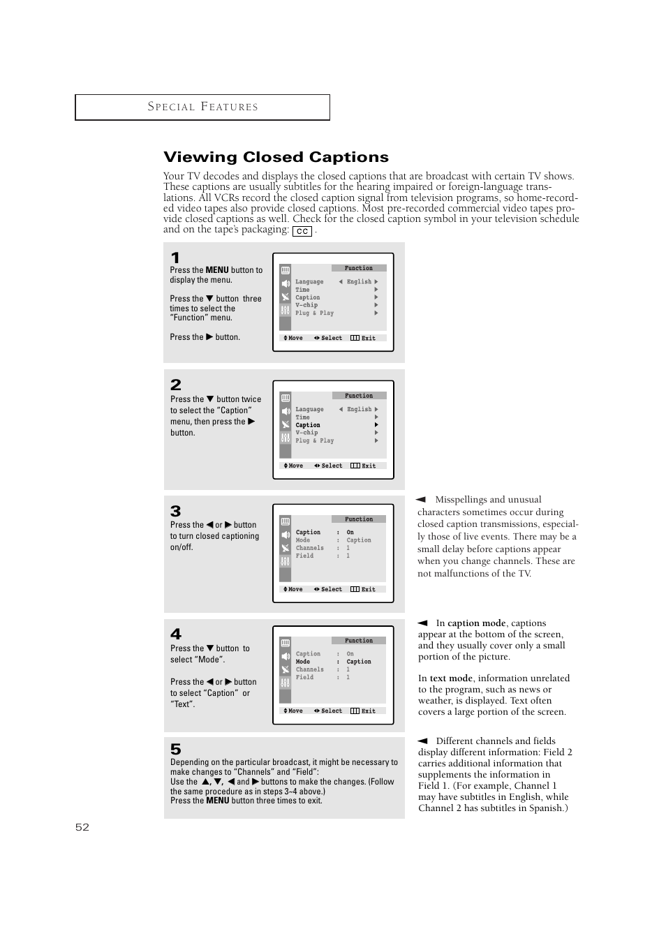 Viewing closed captions | Samsung TXN 2434F User Manual | Page 52 / 59