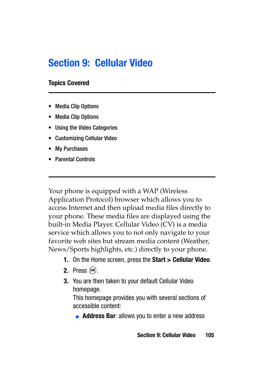Section 9: cellular video | Samsung SGH-i607 User Manual | Page 105 / 223