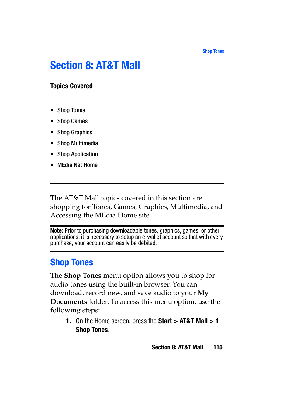 Section 8: at&t mall, Shop tones | Samsung SGH-i607 User Manual | Page 115 / 223
