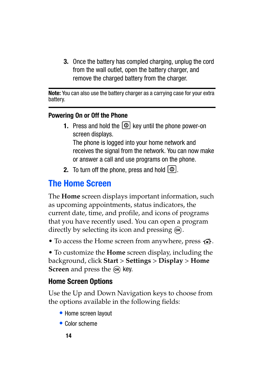 Powering on or off the phone the home screen, The home screen | Samsung SGH-i607 User Manual | Page 14 / 223