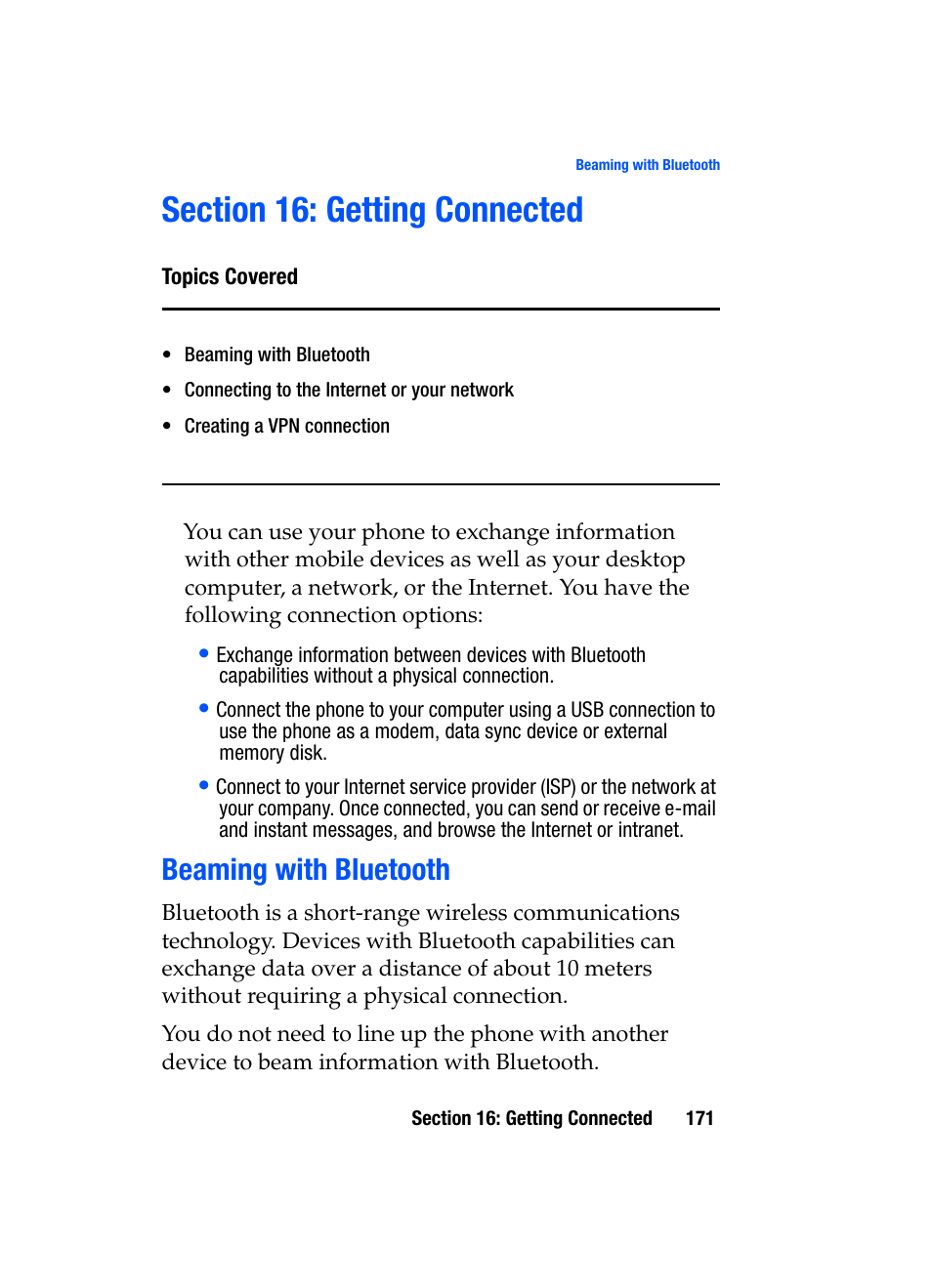 Section 16: getting connected, Beaming with bluetooth | Samsung SGH-i607 User Manual | Page 171 / 223