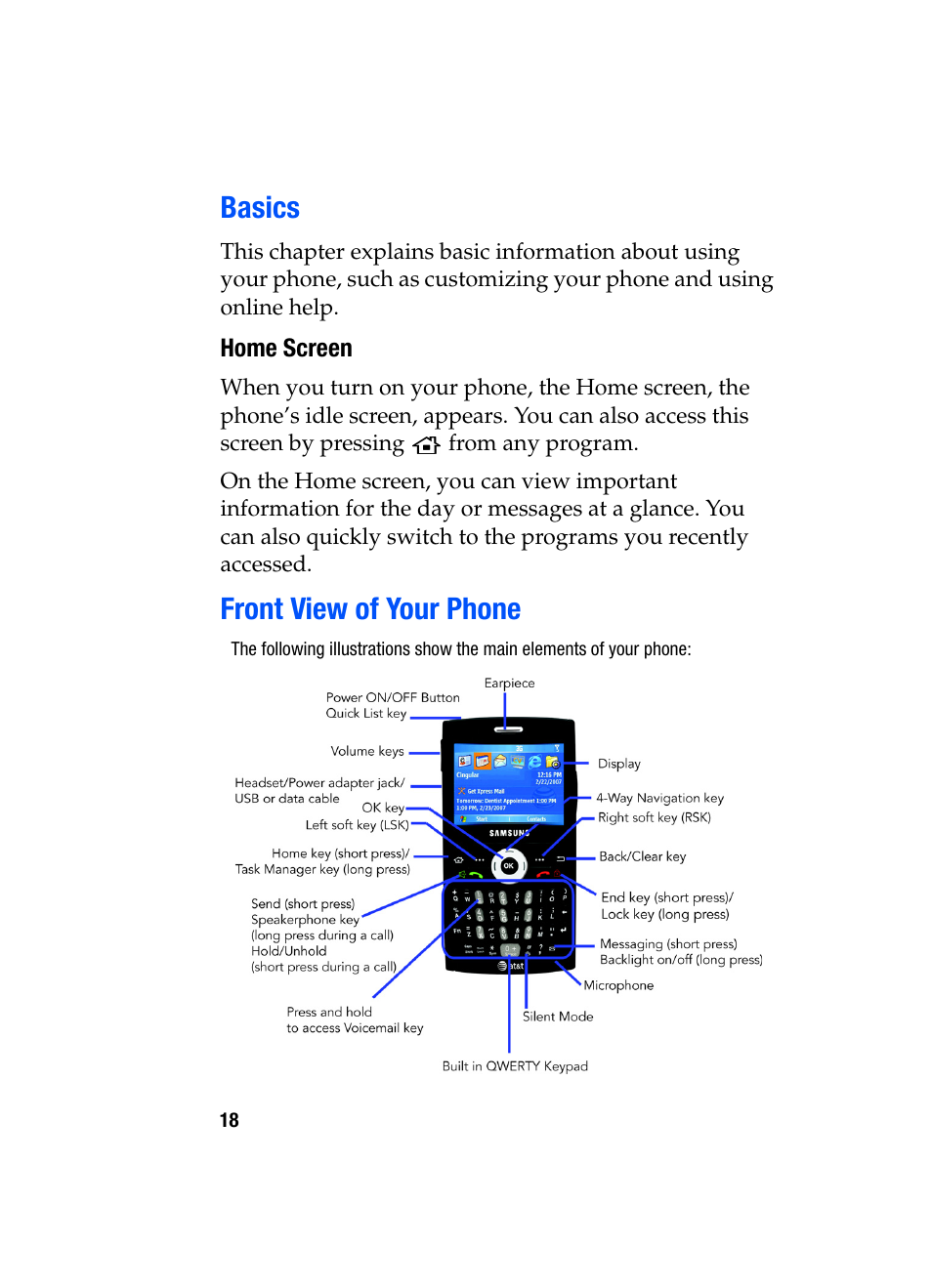 Basics front view of your phone, Basics, Front view of your phone | Samsung SGH-i607 User Manual | Page 18 / 223