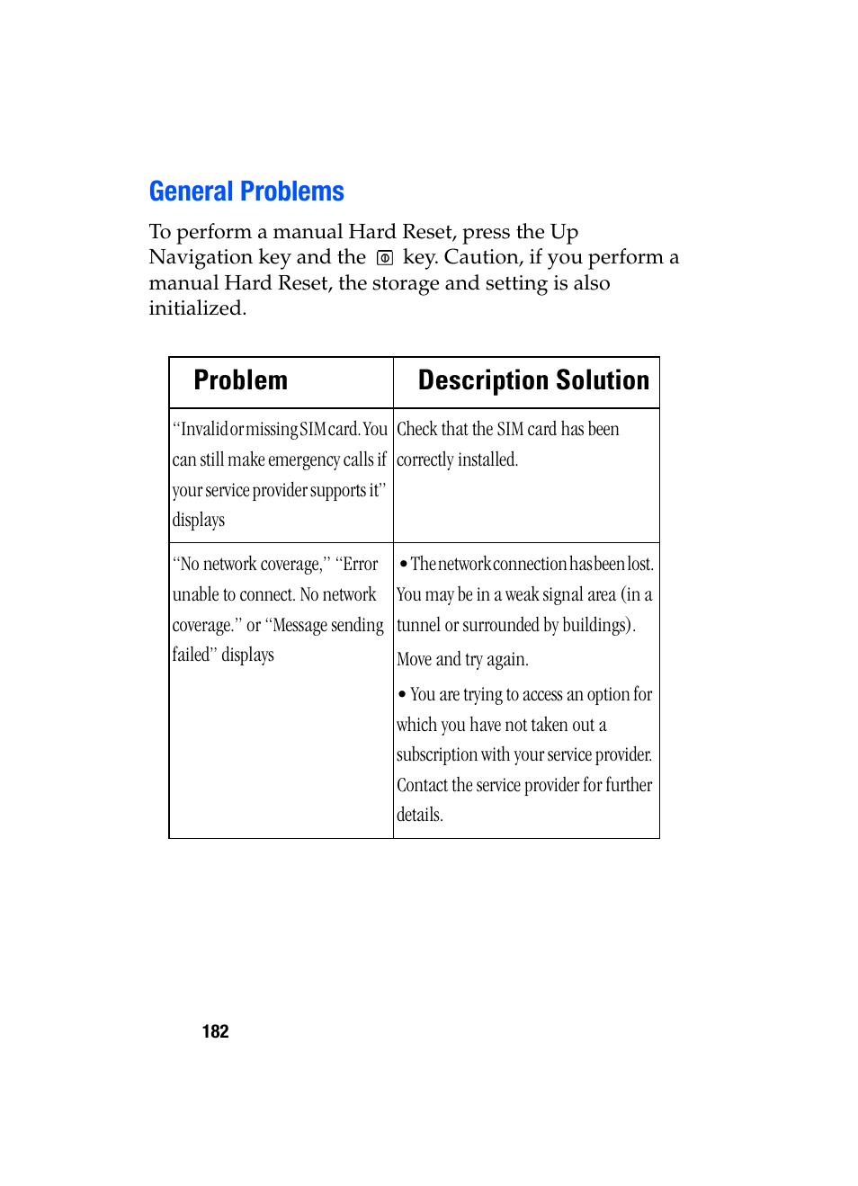 General problems, Problem description solution | Samsung SGH-i607 User Manual | Page 182 / 223