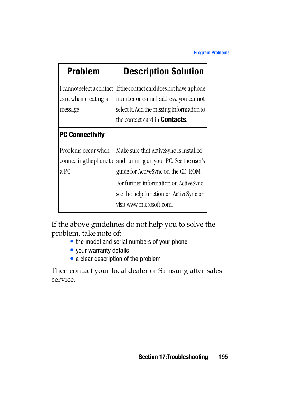 Problem description solution | Samsung SGH-i607 User Manual | Page 195 / 223