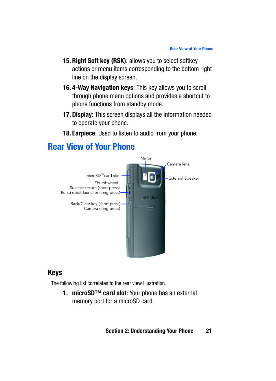 Rear view of your phone | Samsung SGH-i607 User Manual | Page 21 / 223