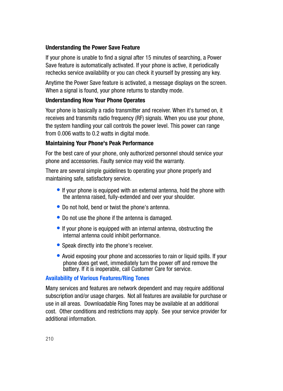 Availability of various features/ring tones | Samsung SGH-i607 User Manual | Page 210 / 223