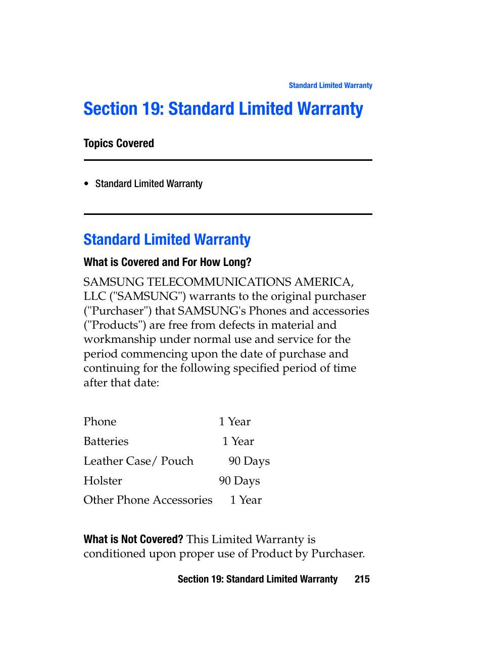 Section 19: standard limited warranty, Standard limited warranty | Samsung SGH-i607 User Manual | Page 215 / 223