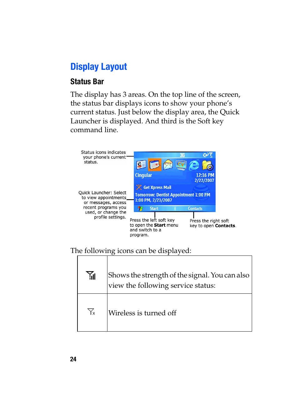 Display layout | Samsung SGH-i607 User Manual | Page 24 / 223