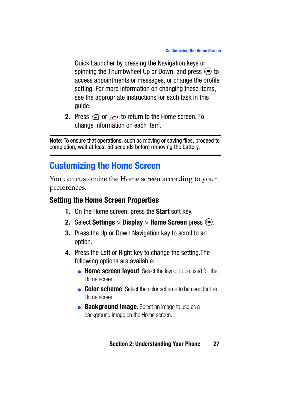 Customizing the home screen, Setting the home screen properties | Samsung SGH-i607 User Manual | Page 27 / 223