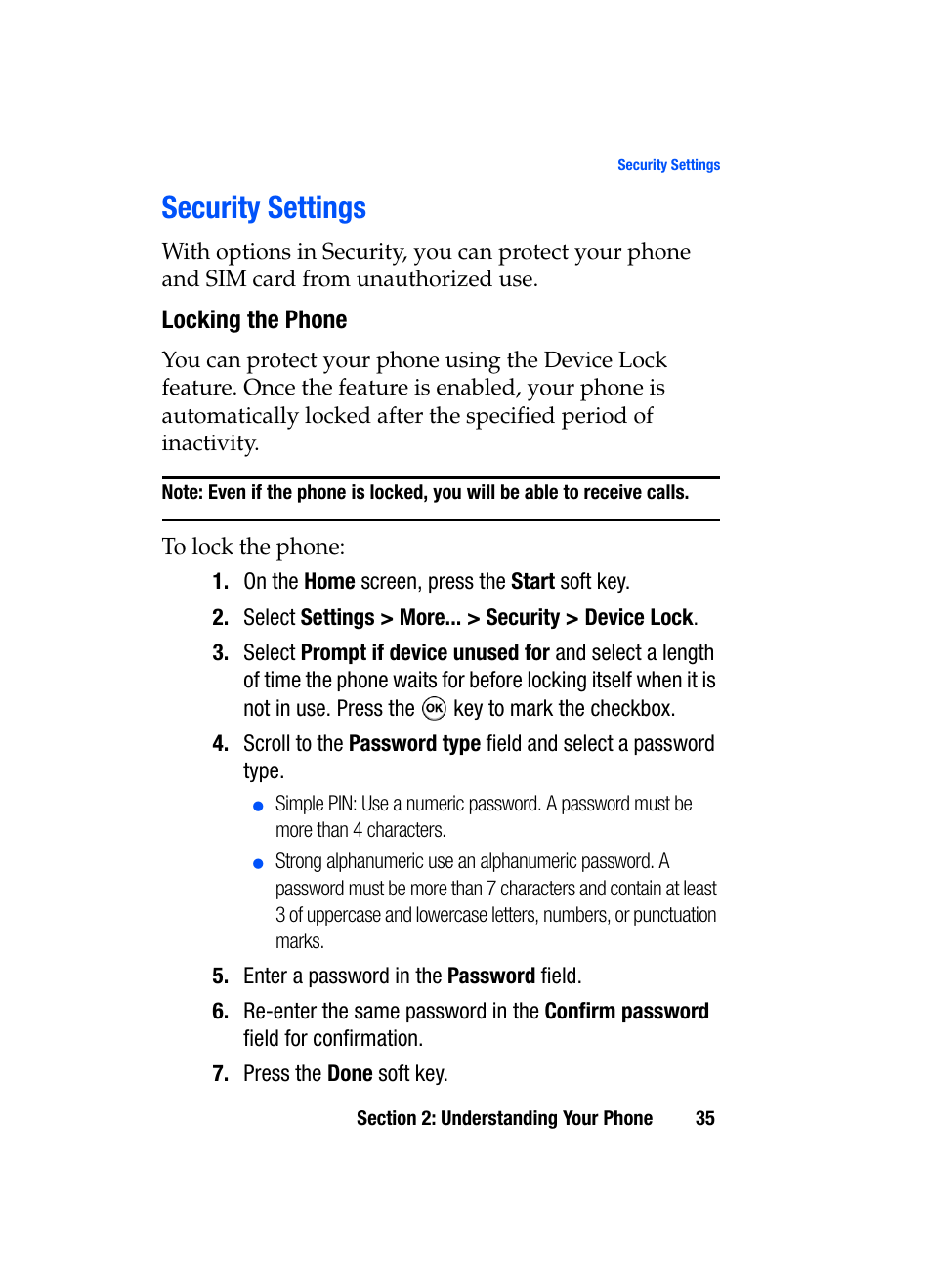 Security settings, Locking the phone | Samsung SGH-i607 User Manual | Page 35 / 223