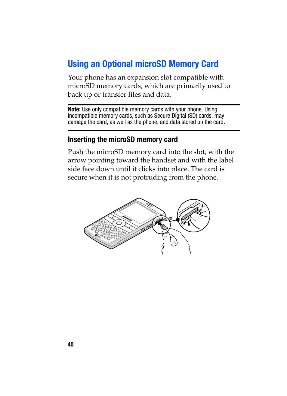 Using an optional microsd memory card, Inserting the microsd memory card | Samsung SGH-i607 User Manual | Page 40 / 223