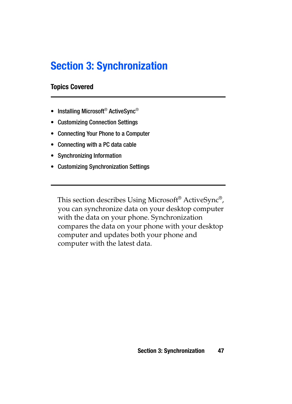 Section 3: synchronization | Samsung SGH-i607 User Manual | Page 47 / 223