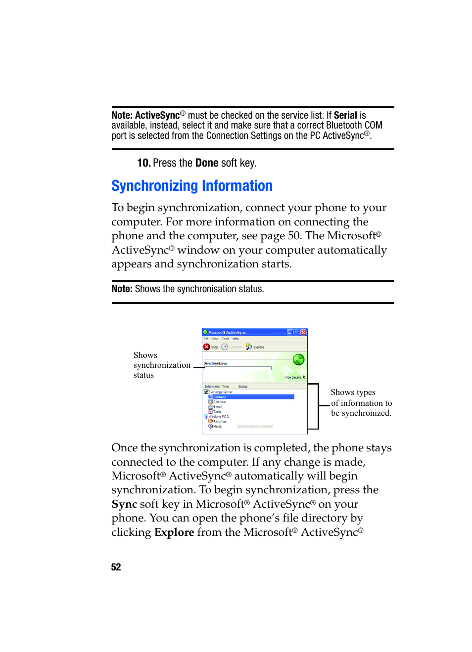 Synchronizing information, Press the done soft key, Activesync | Samsung SGH-i607 User Manual | Page 52 / 223