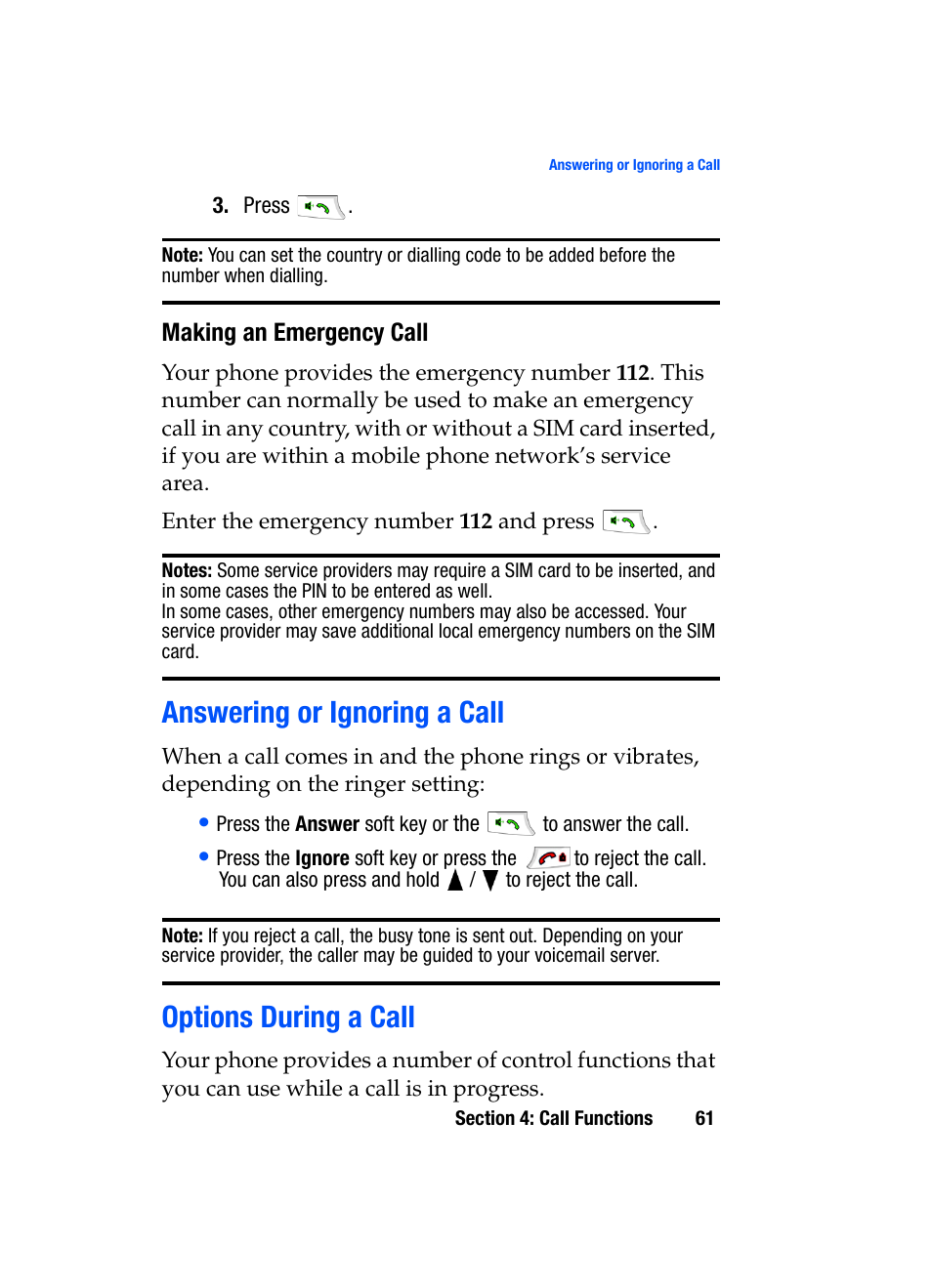 Answering or ignoring a call options during a call, Answering or ignoring a call, Options during a call | Samsung SGH-i607 User Manual | Page 61 / 223
