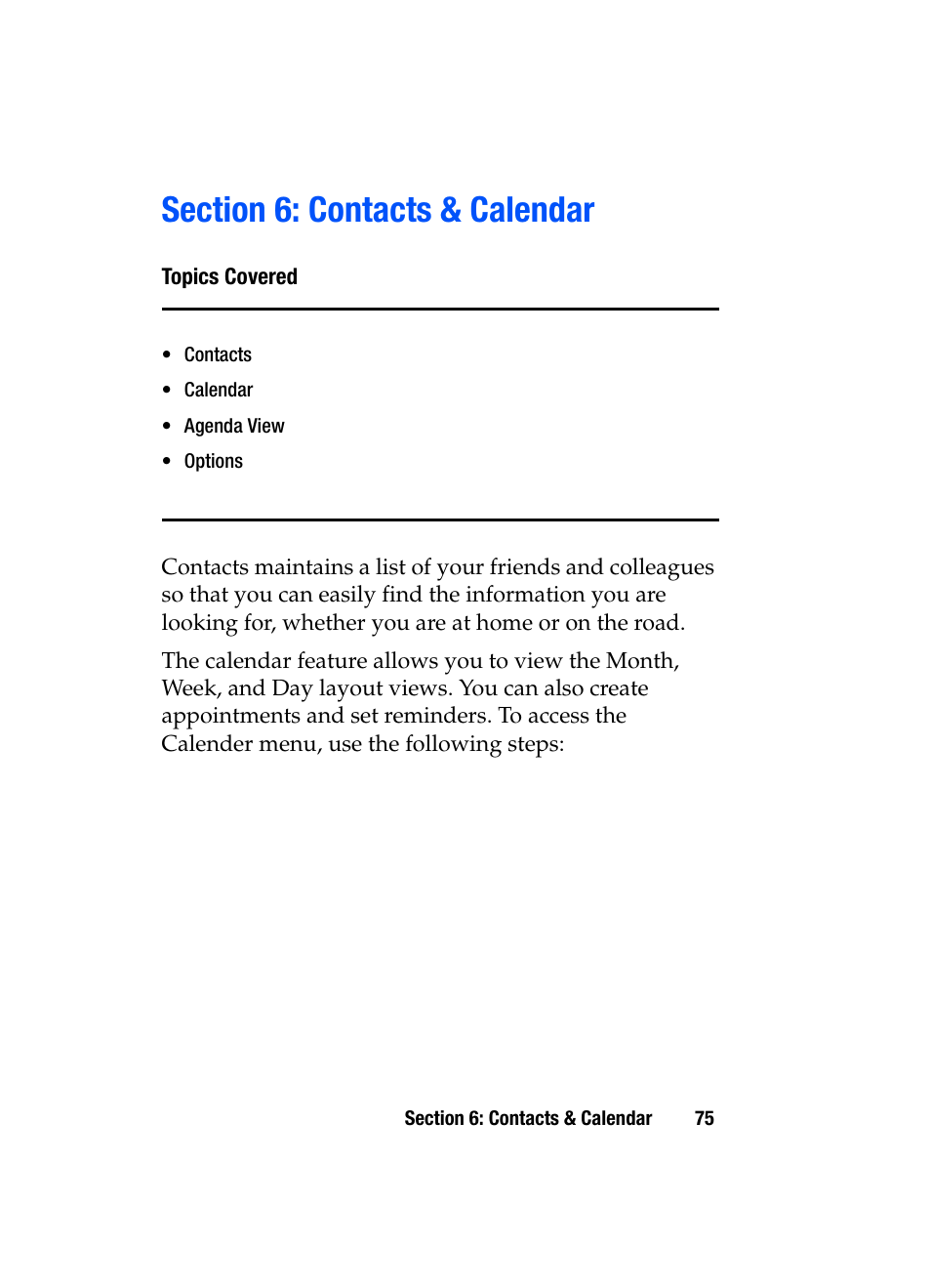 Section 6: contacts & calendar | Samsung SGH-i607 User Manual | Page 75 / 223