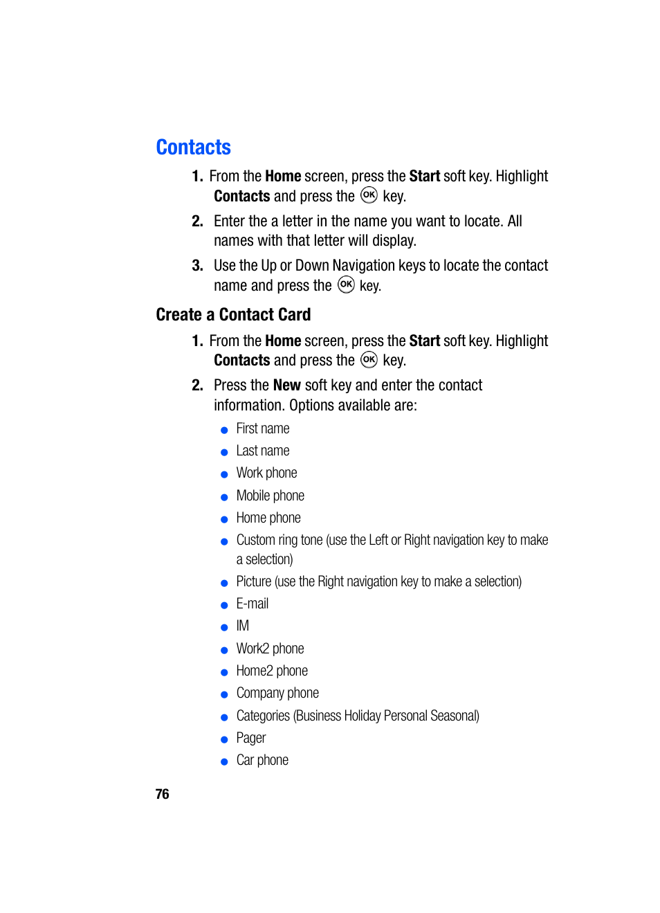 Contacts, Create a contact card | Samsung SGH-i607 User Manual | Page 76 / 223