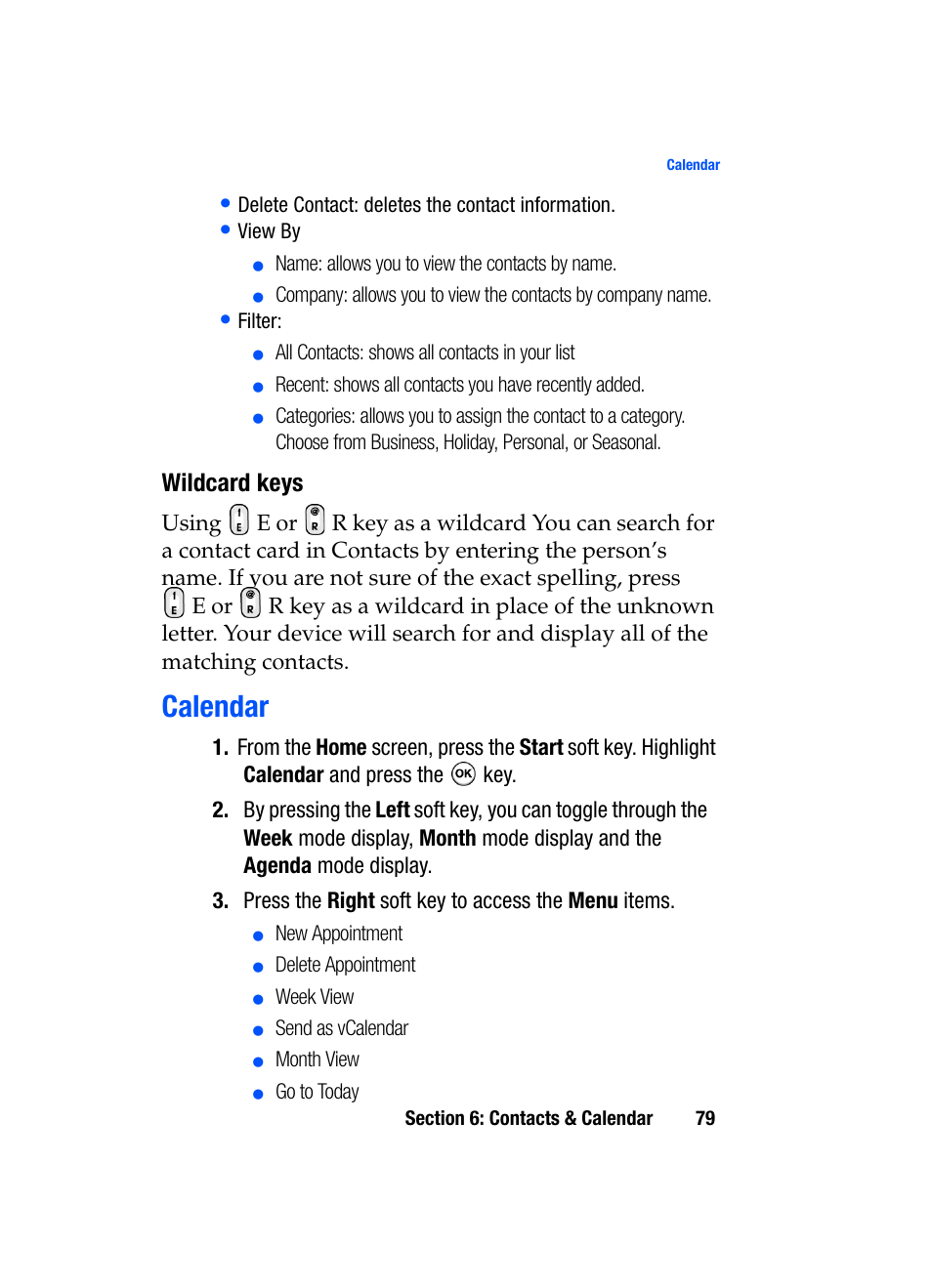 Calendar, Wildcard keys | Samsung SGH-i607 User Manual | Page 79 / 223
