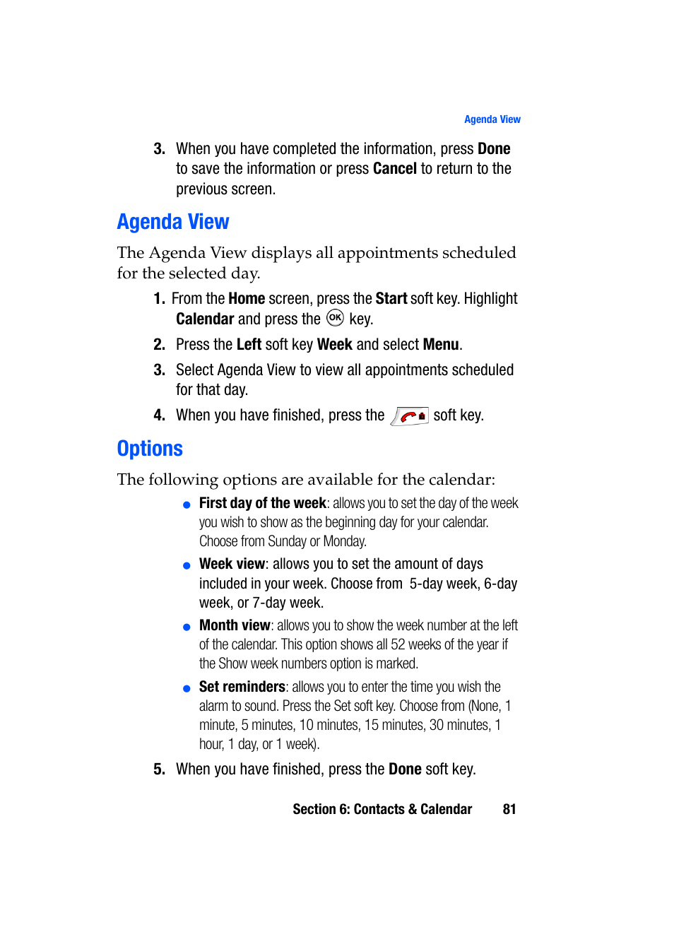 Agenda view options, Agenda view, Options | Samsung SGH-i607 User Manual | Page 81 / 223