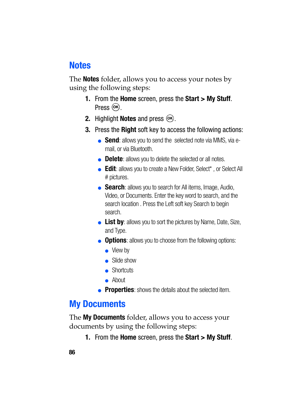 Notes my documents, Notes, My documents | Samsung SGH-i607 User Manual | Page 86 / 223